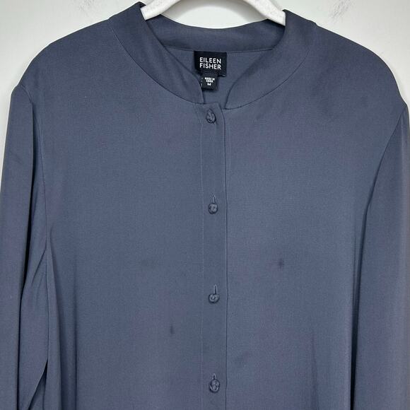 Eileen Fisher 100% Silk Gray Tunic Shirt Size M Mandarin Collar Knot Buttons - Picture 2 of 10